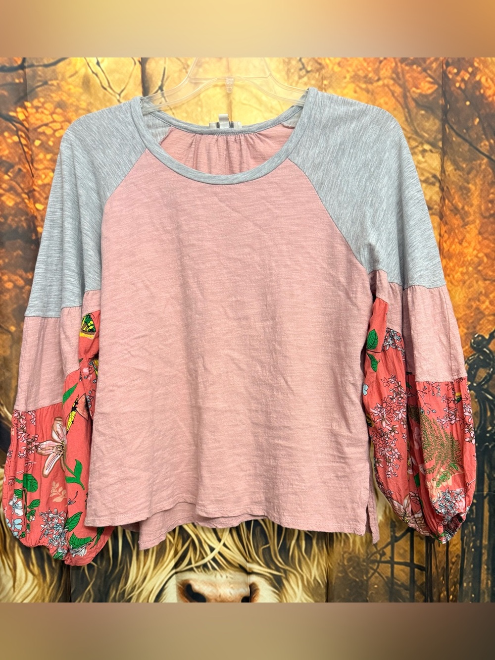 Umgee Pink and Gray Raglan Top with Floral Balloon Sleeves